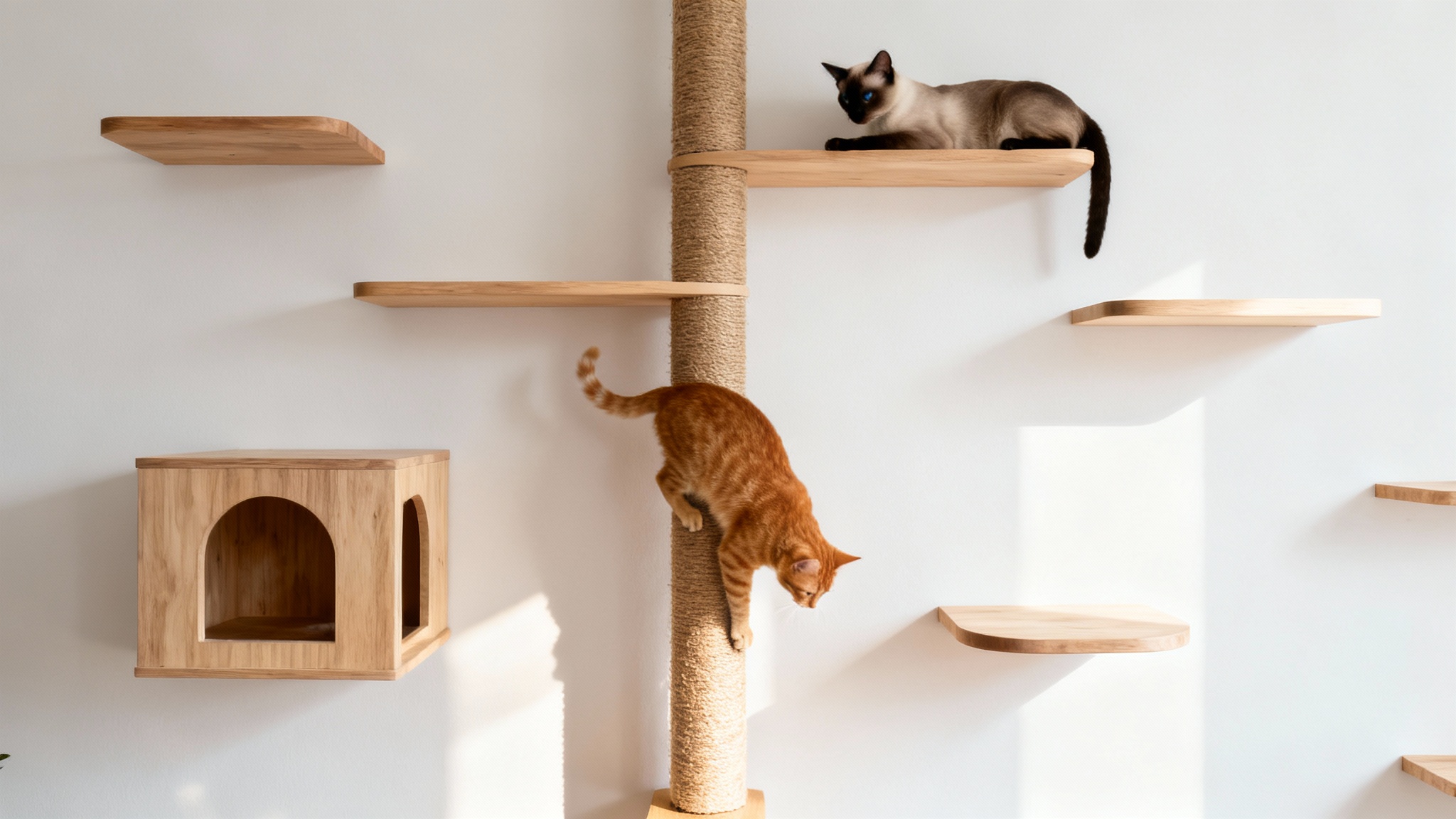 A modern cat wall with natural wood shelves and perches mounted on a white wall. A Siamese cat rests on a high perch while an orange tabby climbs a built-in scratching post.