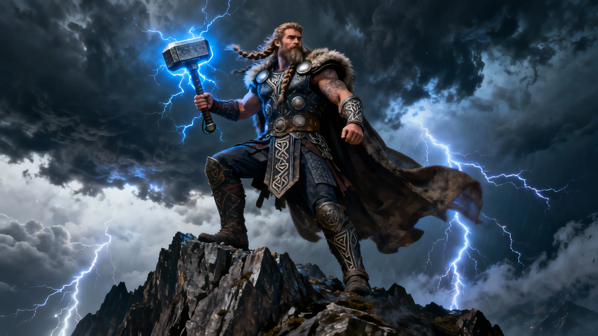 A powerful Norse god, resembling Thor, stands on a stormy mountaintop, holding a glowing hammer crackling with lightning under a dark, dramatic sky.