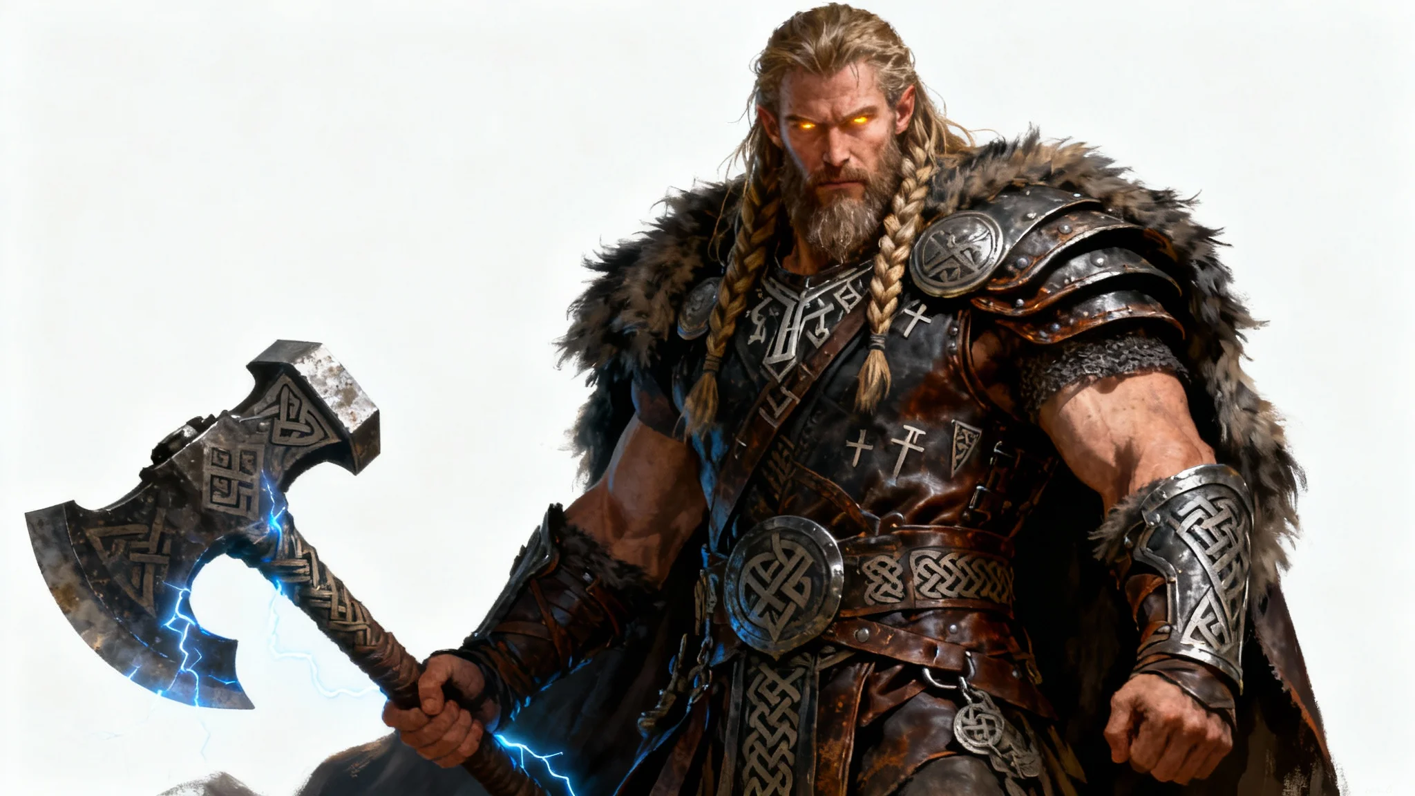 A hyper-detailed digital painting of a powerful Norse god standing on a white background. He has a long beard, wears intricate armor with a fur cloak, and holds a massive, glowing weapon.