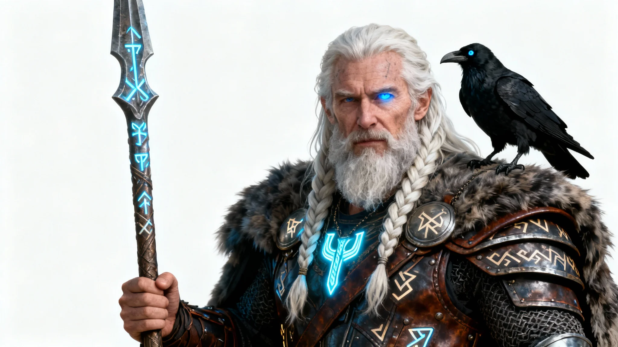 A photorealistic depiction of the Norse god Odin, with a long white beard and a glowing eye, holding a spear with a raven on his shoulder, against a solid white background.