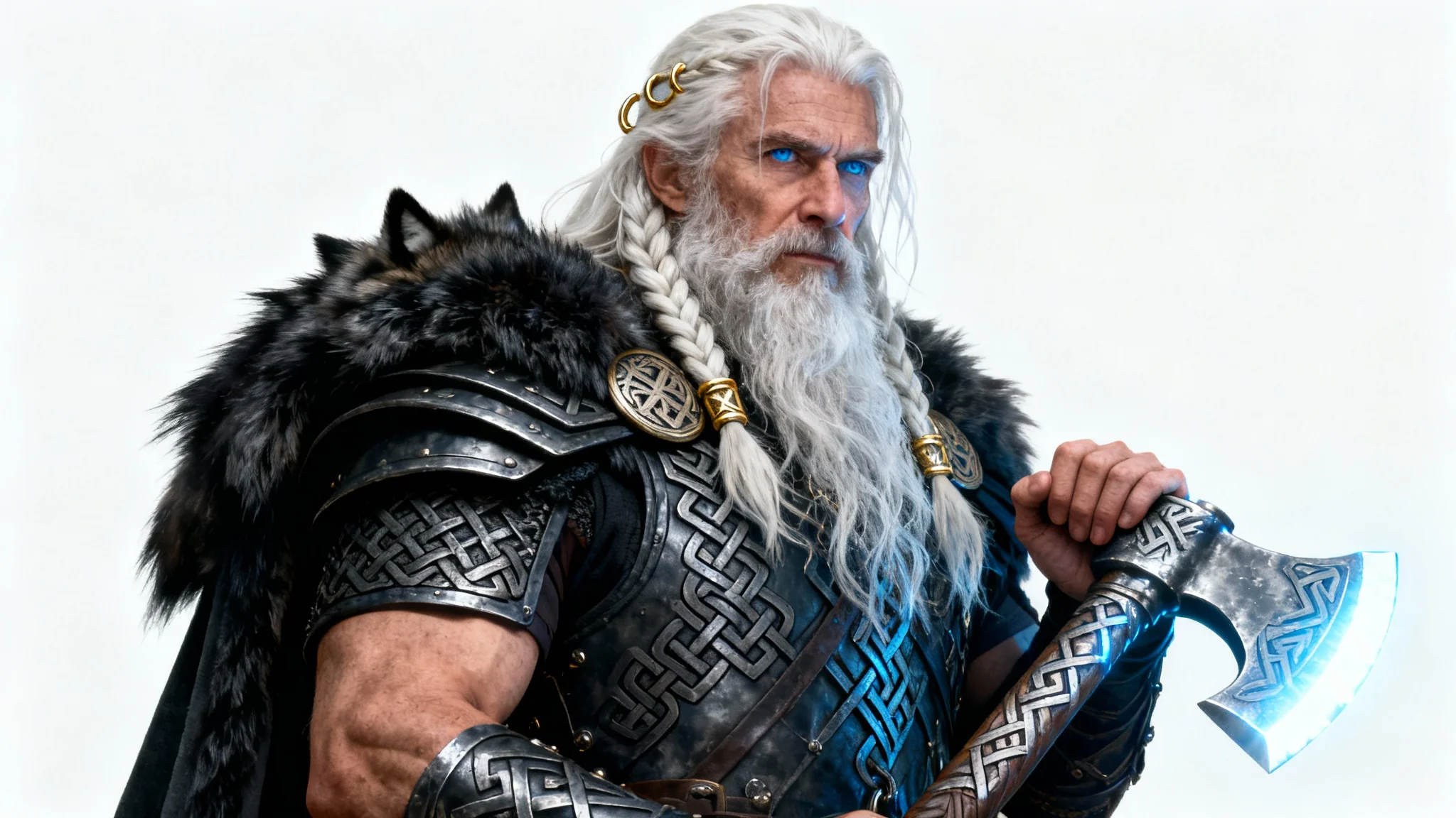 A hyperrealistic and epic portrait of a powerful Norse god with a long white beard, wearing intricate iron armor and a fur cloak, holding a glowing axe against a solid white background.