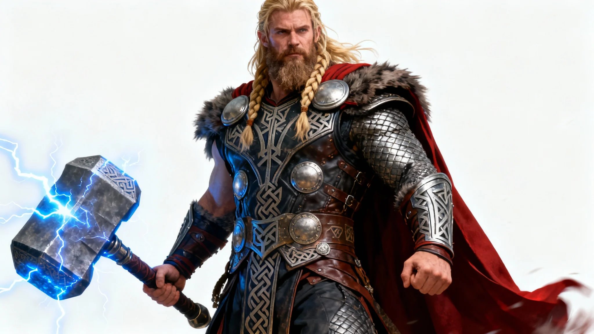A full-body digital painting of a mighty Norse god resembling Thor, standing against a white background. He has long blonde hair, wears intricate armor, and holds a massive war hammer that crackles with blue lightning.