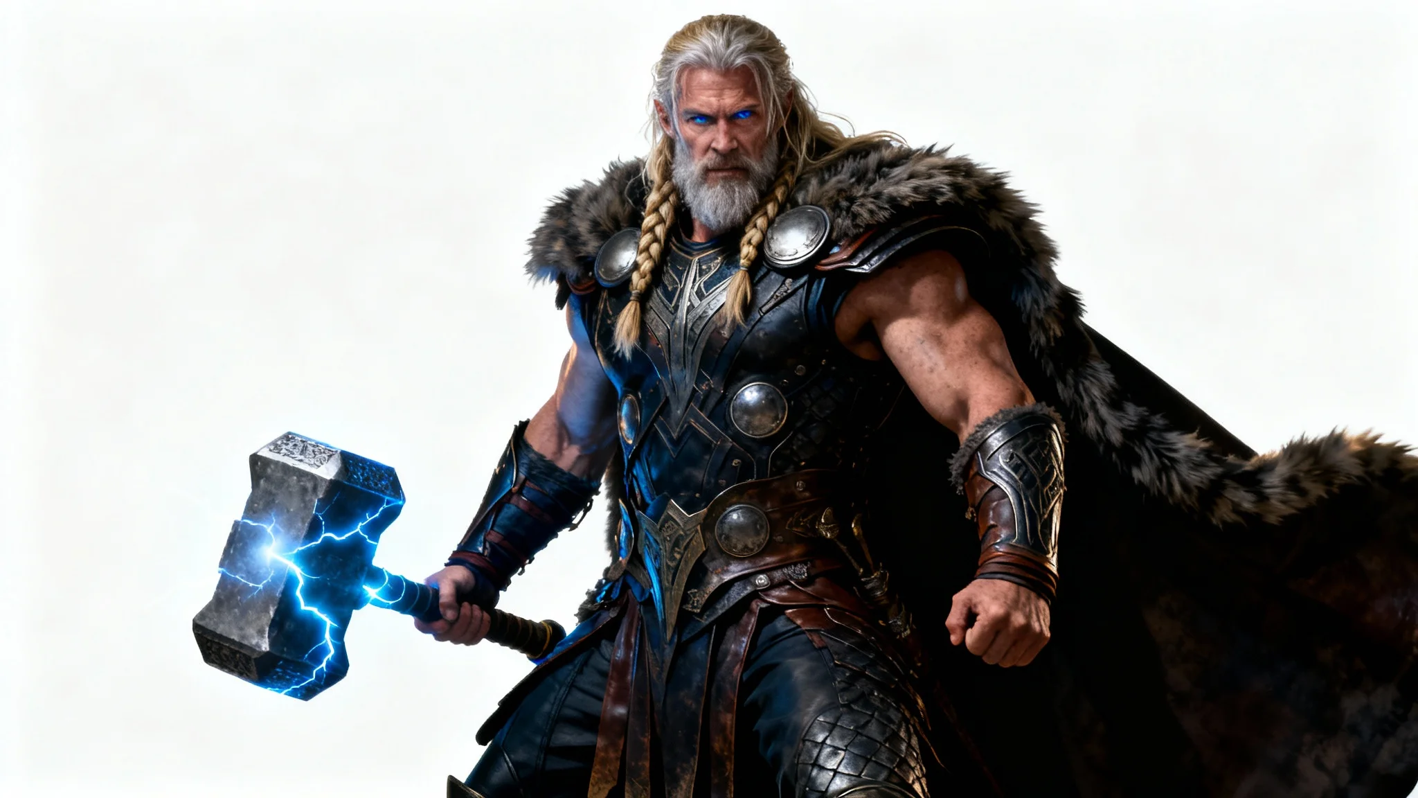 A photorealistic depiction of a mighty Norse god in full battle armor, holding a glowing war hammer, standing against a stark white background.