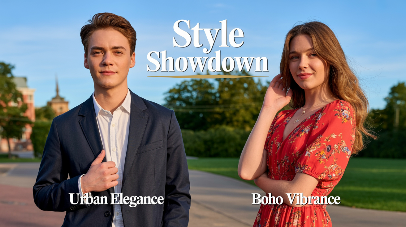 A polished graphic comparing two portraits side-by-side, titled 'Style Showdown'. On the left is a man in a blazer under the label 'Urban Elegance', and on the right is a woman in a red dress under the label 'Boho Vibrance'.