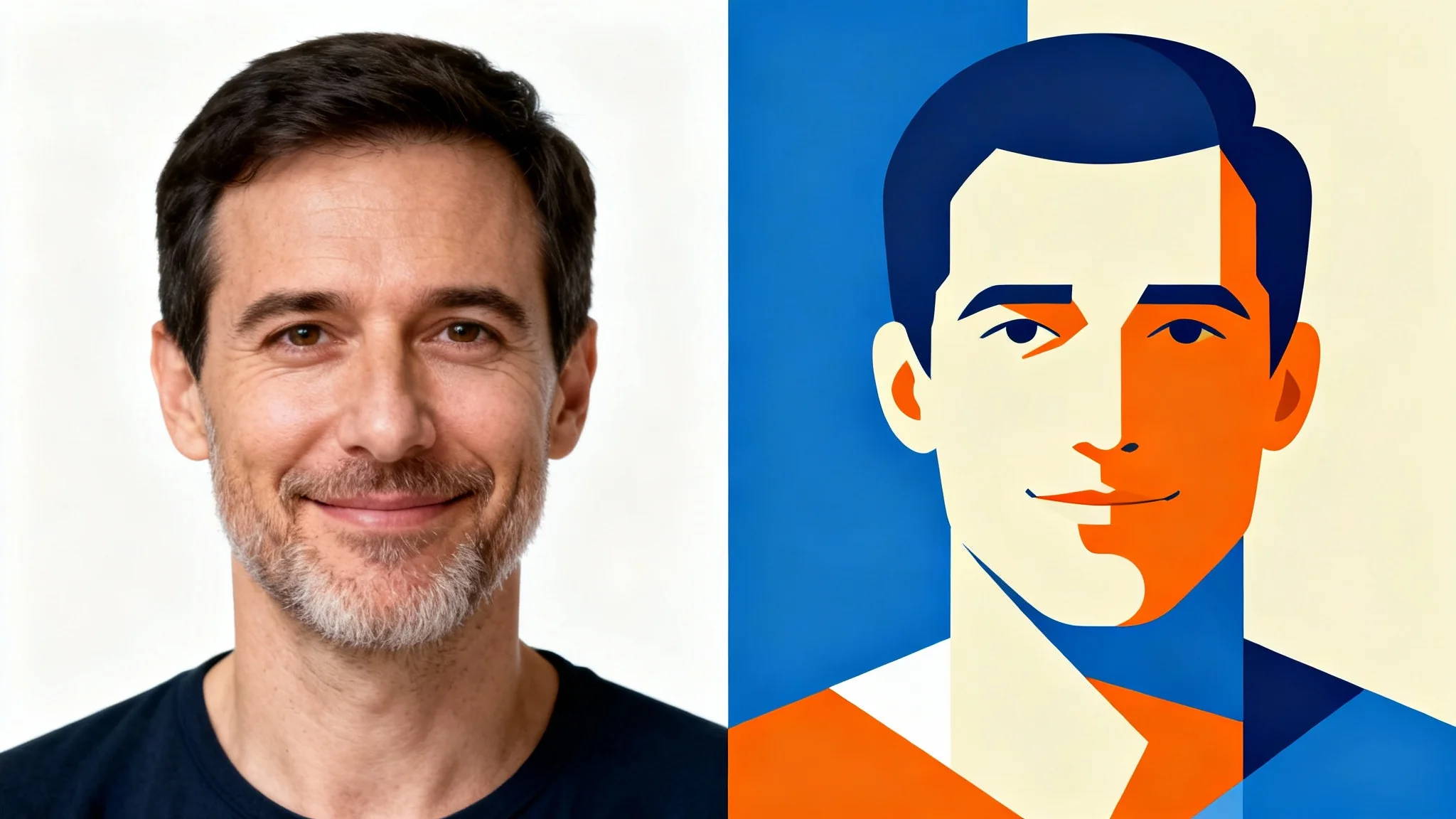 A side-by-side comparison of two portraits of the same man. The left portrait is a hyperrealistic photograph, and the right is a modern, stylized vector illustration.