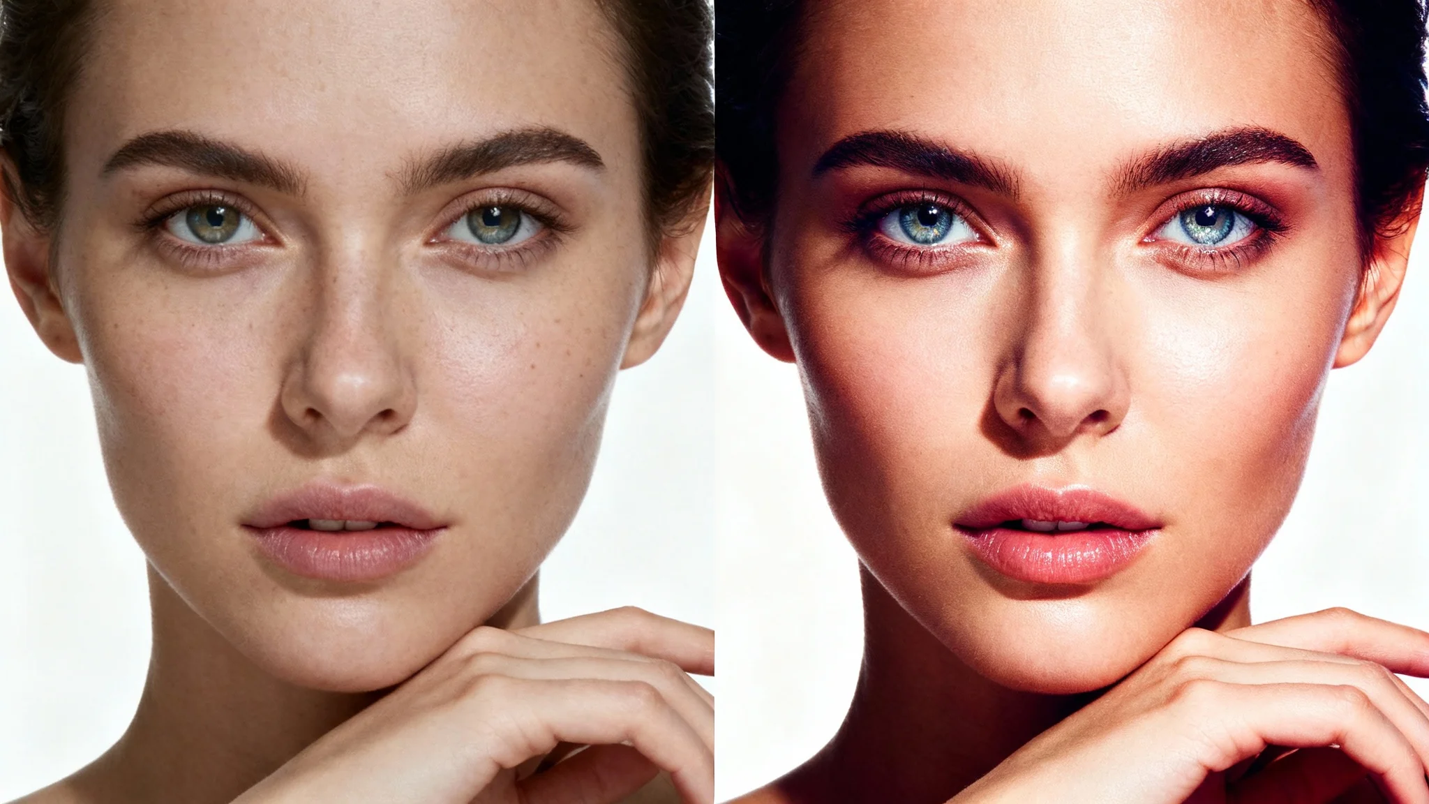 A side-by-side comparison of a portrait. The left half shows an unedited, flatly-lit photo, while the right half shows the same photo professionally retouched with enhanced color and studio lighting.