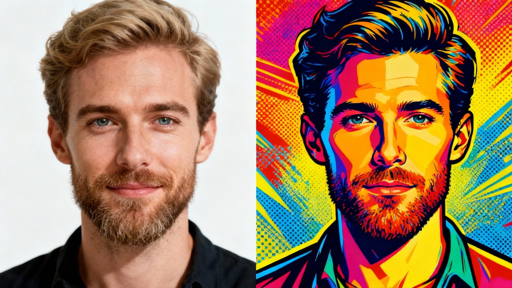 A side-by-side comparison image of a man's portrait. The left half is a realistic photograph, and the right half is a colorful pop art illustration of the same man in the same pose.
