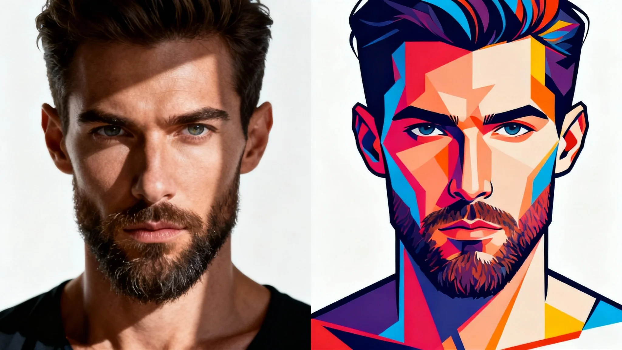 A side-by-side comparison of two portraits of the same man. The left portrait is a realistic photograph with dramatic lighting. The right portrait is a stylized vector illustration with bold colors and lines.