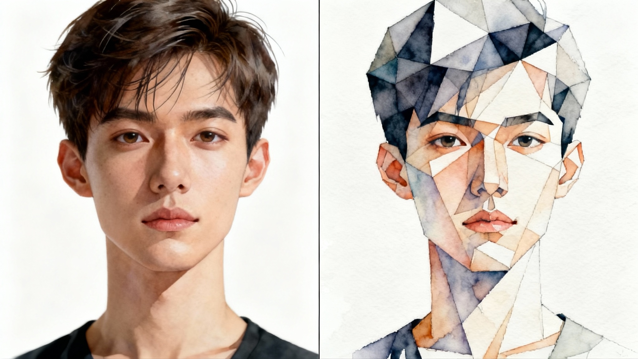 A side-by-side comparison of two portraits of the same person on a white background. The left portrait is photorealistic and highly detailed, while the right portrait is a stylized, artistic interpretation.