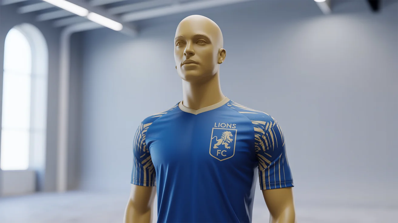 A professional product shot of a custom royal blue and gold soccer jersey with a lion crest and the text 'LIONS FC', displayed on a mannequin in a studio.