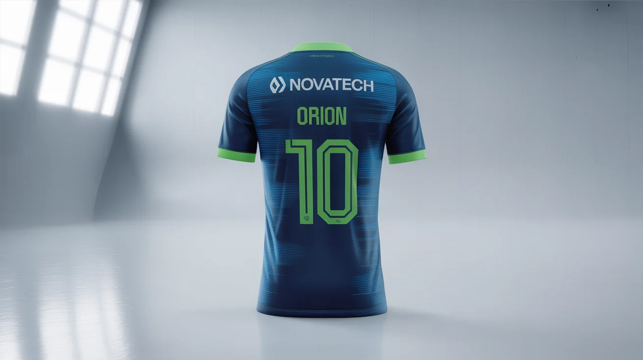 A photorealistic mockup of a navy blue and neon green soccer jersey with the name 'Orion' and number 10, laid flat on a white background.