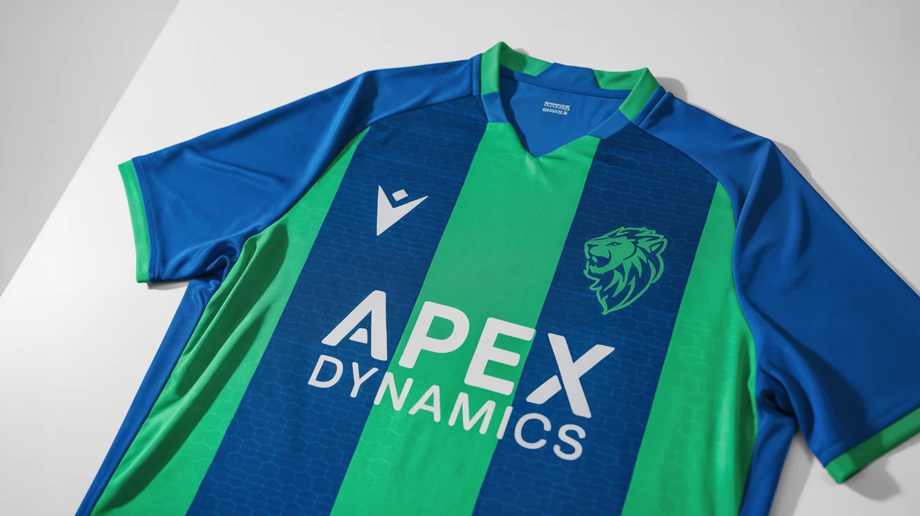 A photorealistic mockup of a royal blue and electric green soccer jersey with a fictional team crest and sponsor logo, laid flat on a clean white background.
