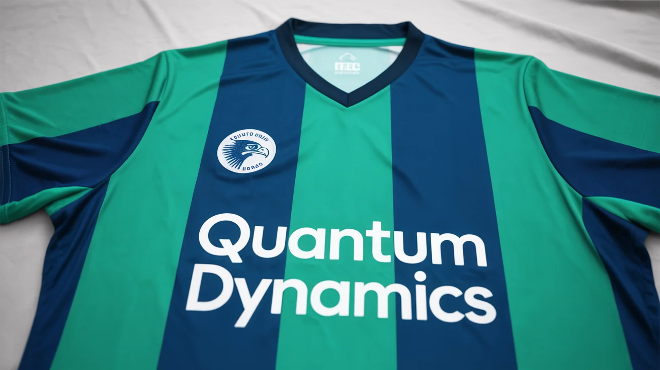 A product mockup of a navy blue and electric green striped soccer jersey with a falcon crest and 'Quantum Dynamics' sponsor logo, displayed flat on a white background.