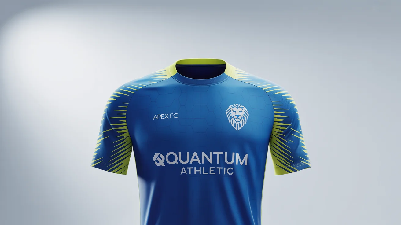 A photorealistic mockup of a professional royal blue and yellow soccer jersey for team 'Apex FC' with the sponsor 'Quantum Athletic', shown on an invisible mannequin against a white background.