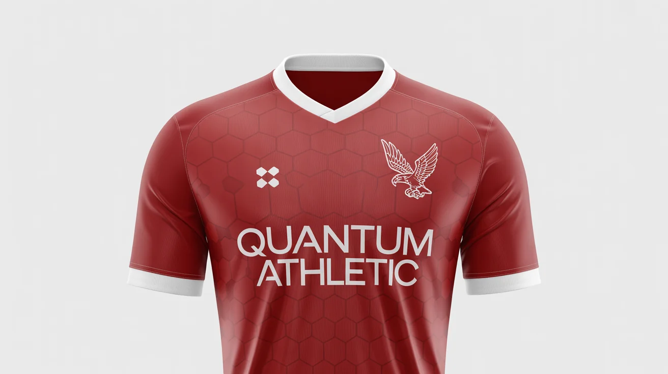 A professional mockup of a red and white soccer jersey on an invisible mannequin, featuring a stylized eagle crest and the sponsor logo 'Quantum Athletic' on the front.