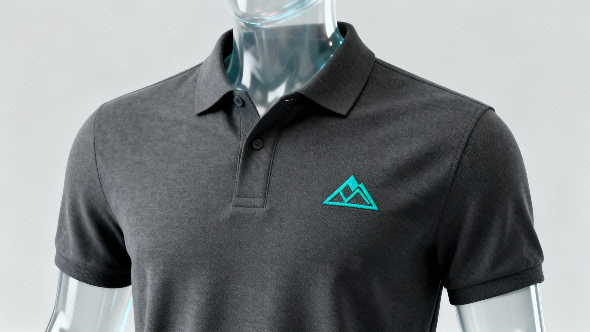 A professional hero image showing a dark charcoal gray polo shirt mockup on a ghost mannequin, with a custom embroidered teal geometric mountain logo on the chest.