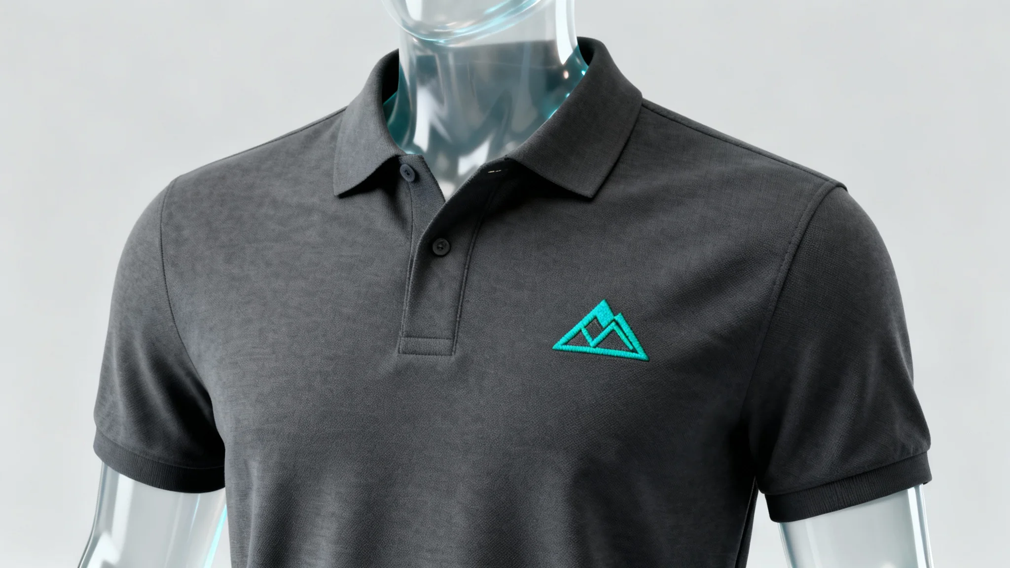 A professional hero image showing a dark charcoal gray polo shirt mockup on a ghost mannequin, with a custom embroidered teal geometric mountain logo on the chest.