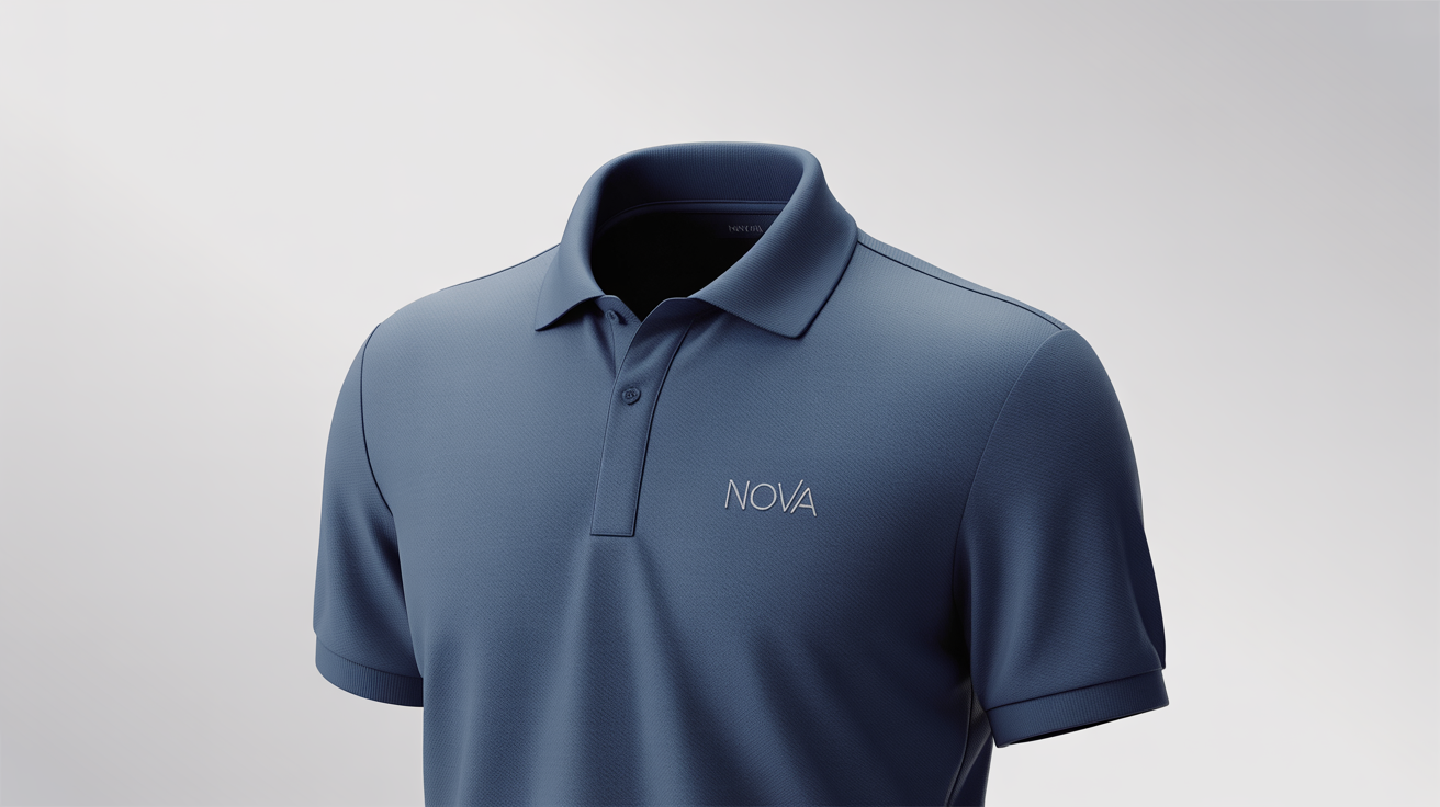 A professional product mockup of a navy blue polo shirt with a small white embroidered 'NOVA' logo on the chest, shown against a plain white background.