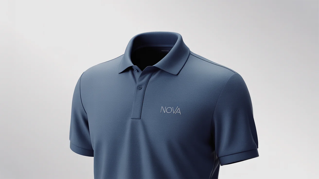 A professional product mockup of a navy blue polo shirt with a small white embroidered 'NOVA' logo on the chest, shown against a plain white background.