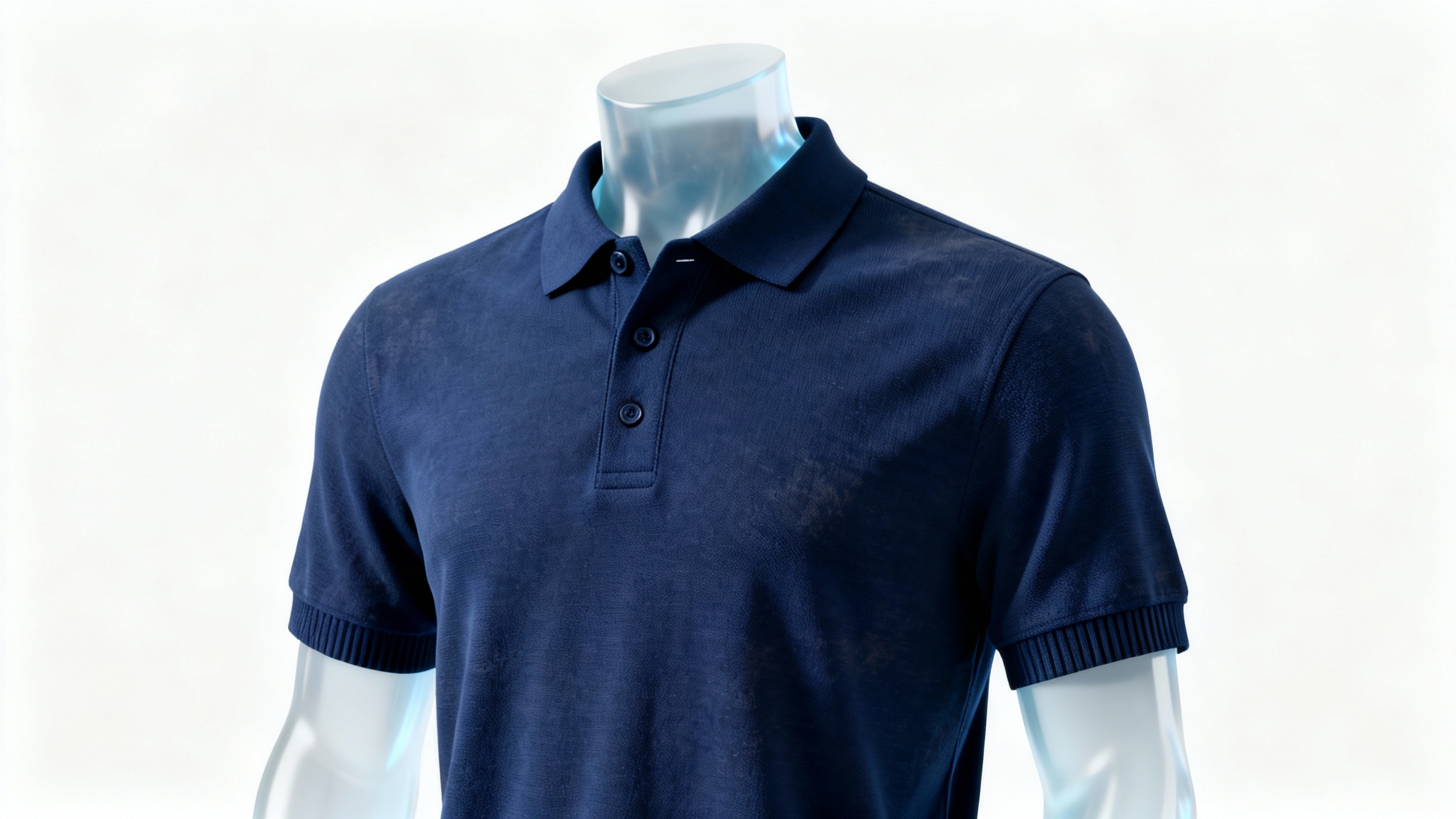 A professional product shot of a navy blue polo shirt on a ghost mannequin against a stark white background, highlighting its texture and fit.