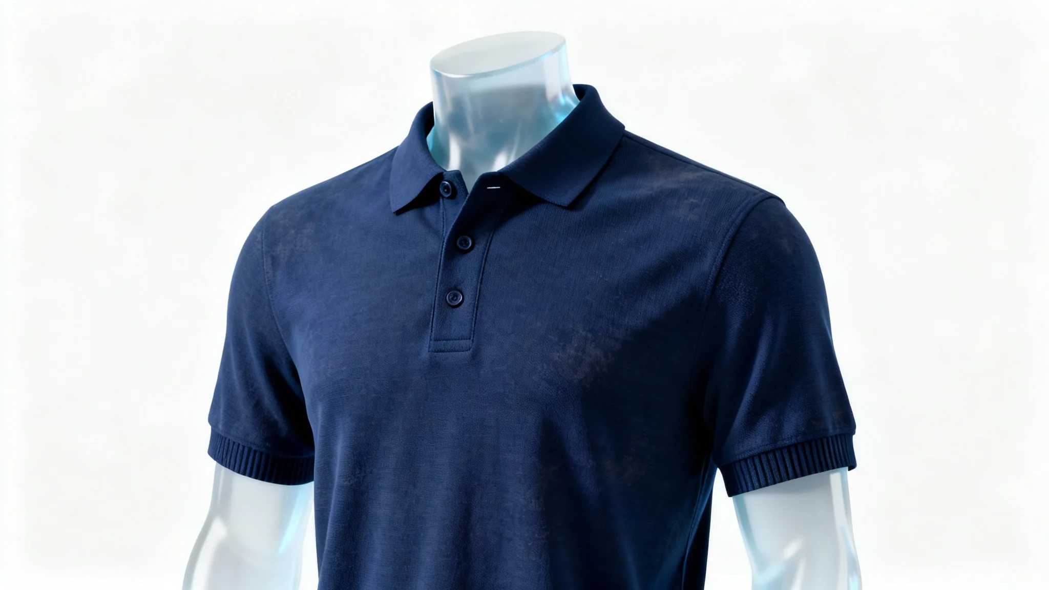A professional product shot of a navy blue polo shirt on a ghost mannequin against a stark white background, highlighting its texture and fit.