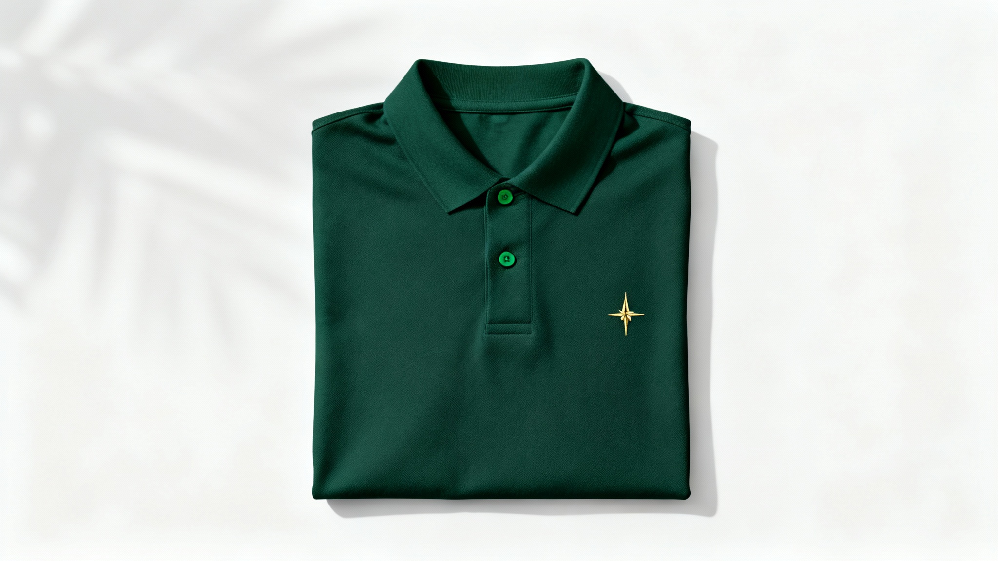A high-quality, forest green polo shirt with a small golden compass logo, professionally photographed as a flat lay mockup on a pure white background.