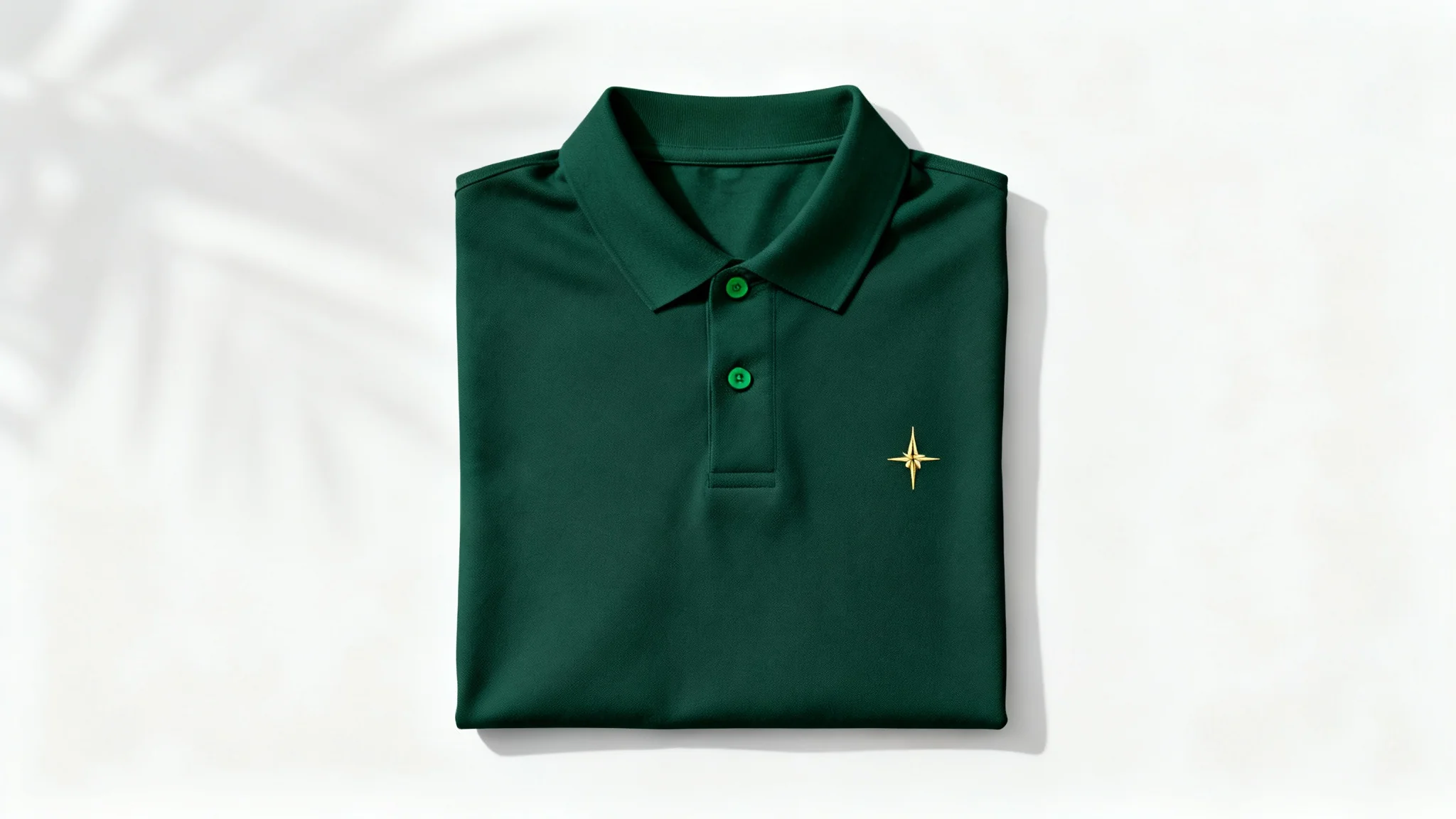 A high-quality, forest green polo shirt with a small golden compass logo, professionally photographed as a flat lay mockup on a pure white background.