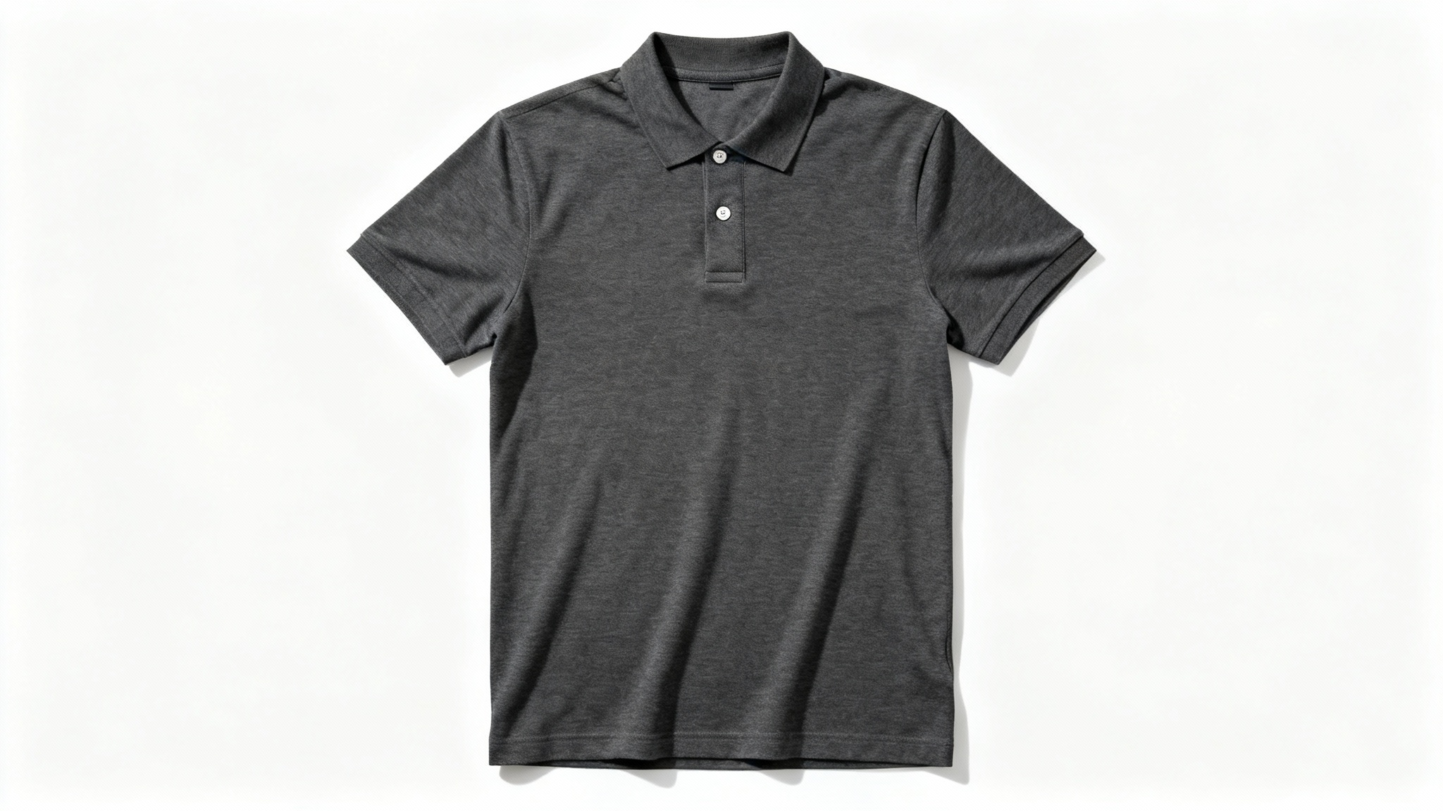 A photorealistic mockup of a charcoal gray men's polo shirt laid flat on a clean white background, ready for a custom design.