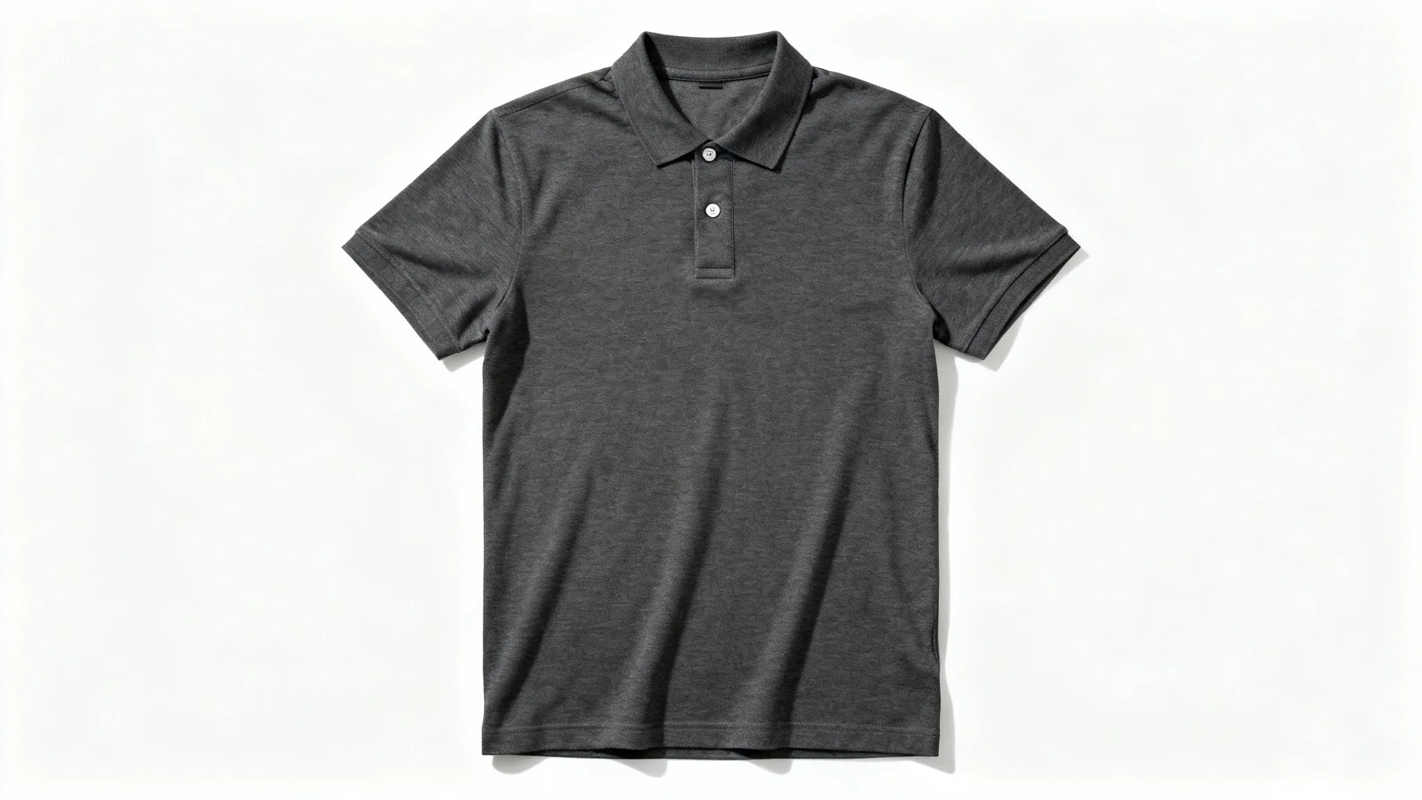 A photorealistic mockup of a charcoal gray men's polo shirt laid flat on a clean white background, ready for a custom design.