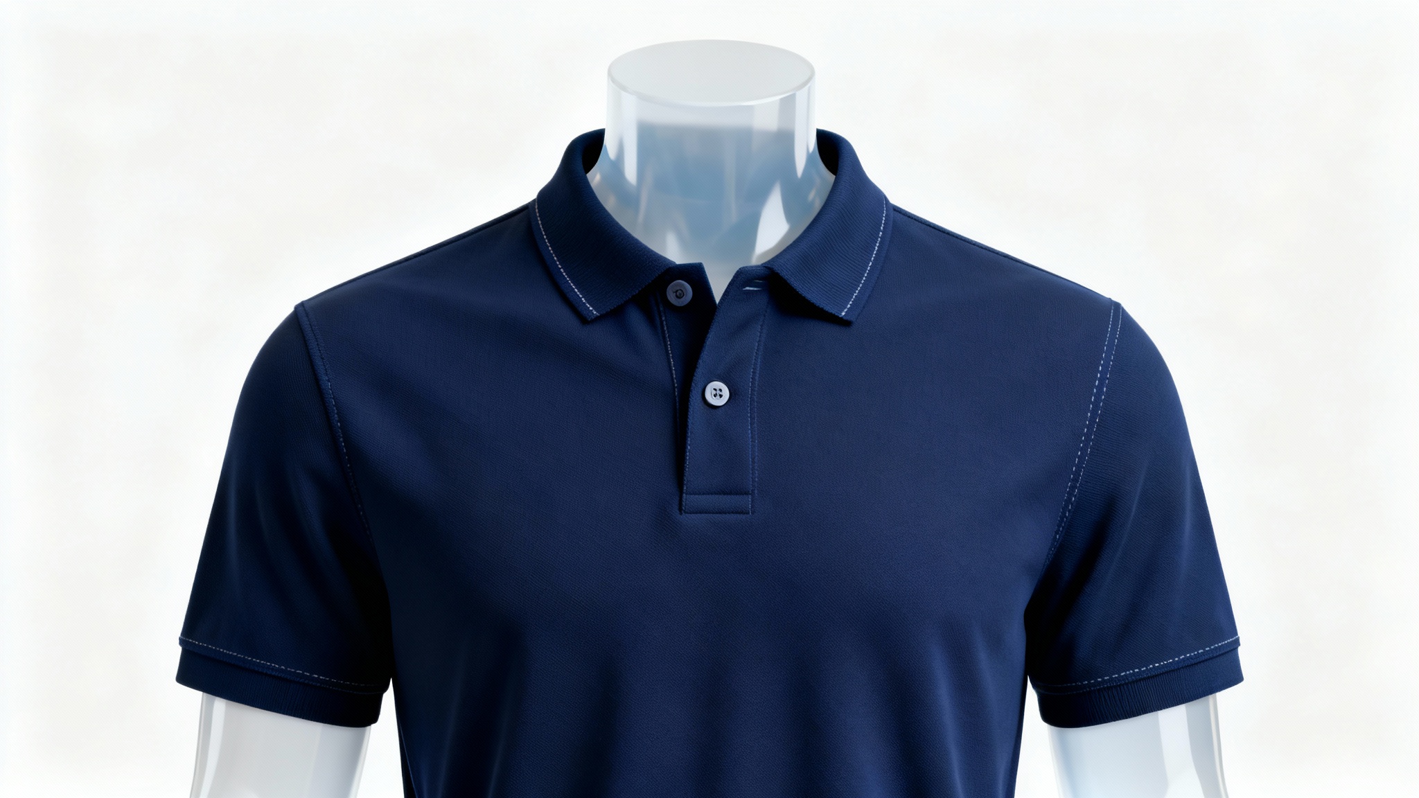 A professional mockup of a navy blue polo shirt on an invisible mannequin, displayed against a plain white background.