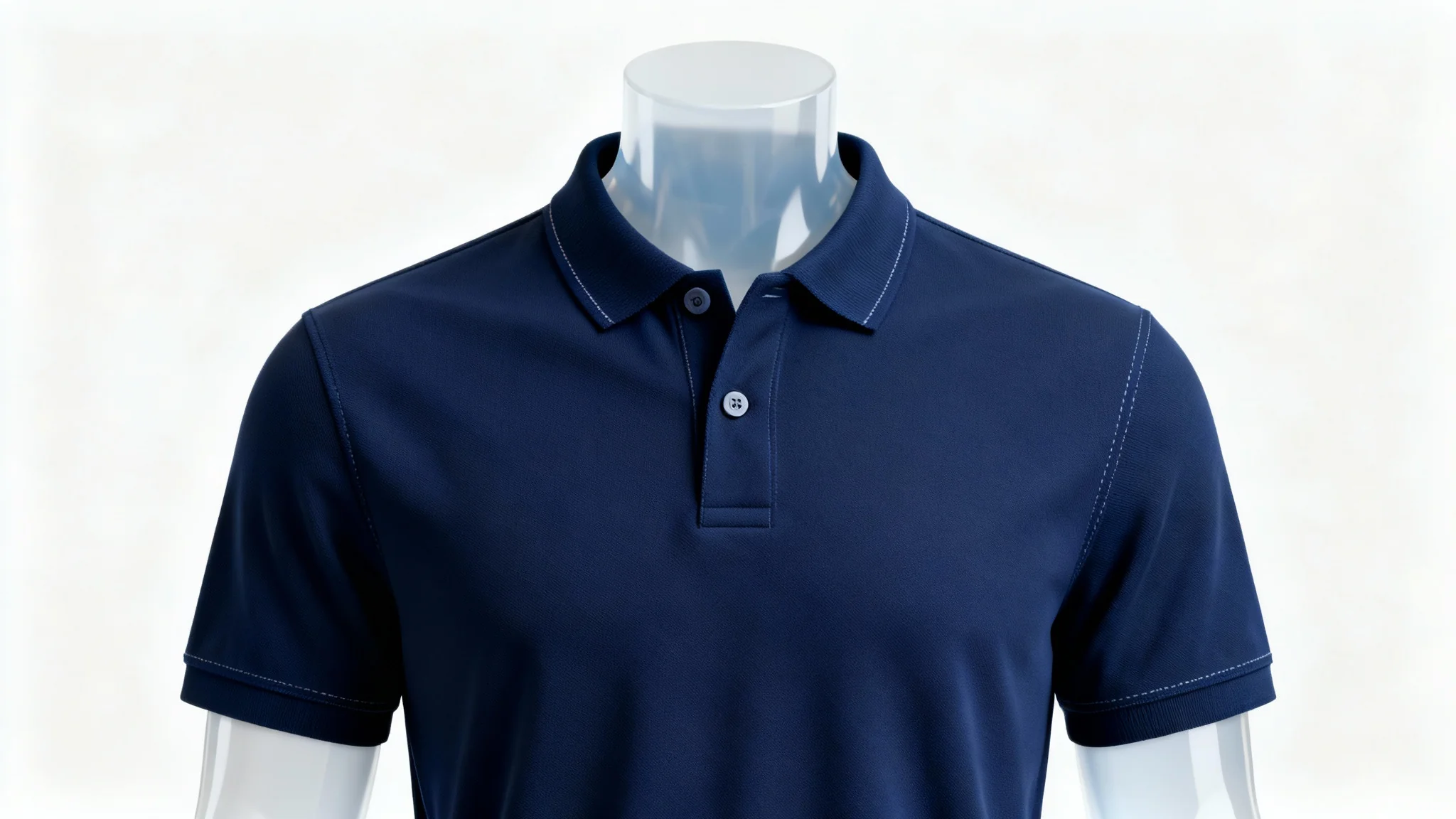 A professional mockup of a navy blue polo shirt on an invisible mannequin, displayed against a plain white background.