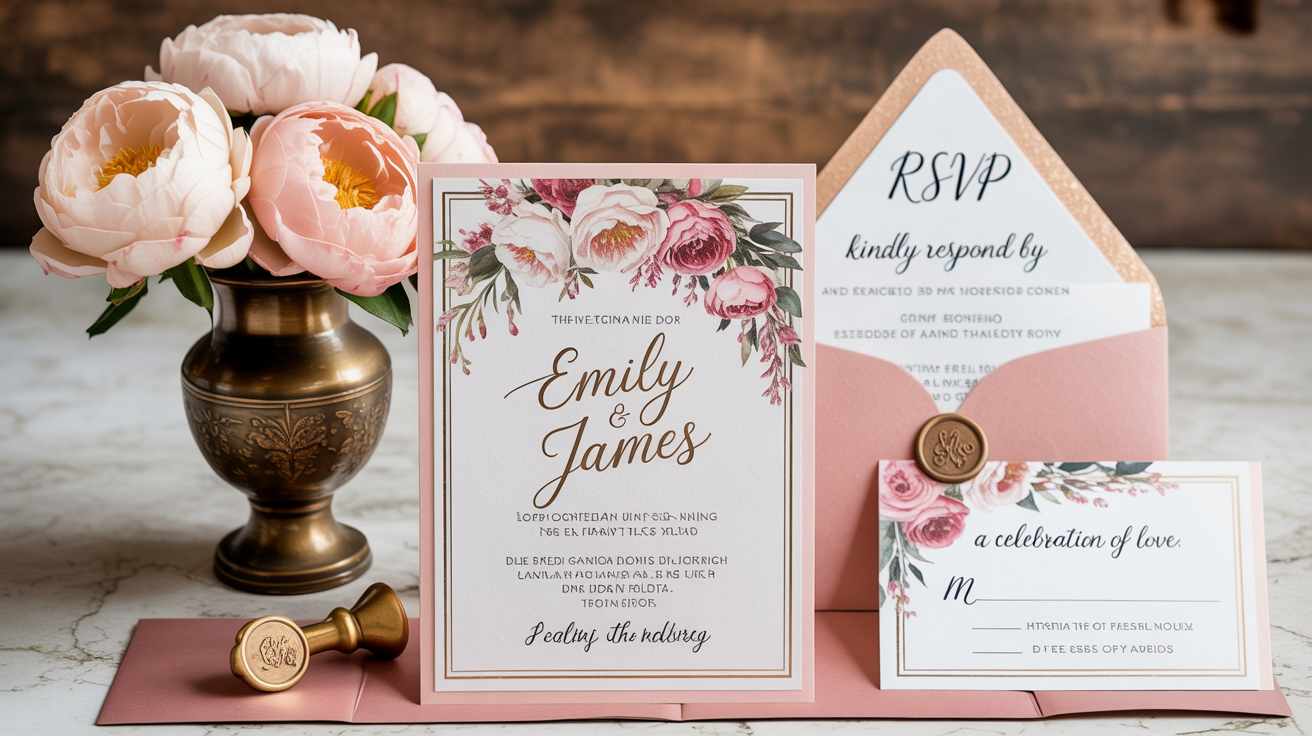 An elegant flat lay of a wedding stationery mockup featuring an invitation for "Emily & James," an RSVP card, and a save-the-date card on a marble surface, styled with a silk ribbon and flowers.