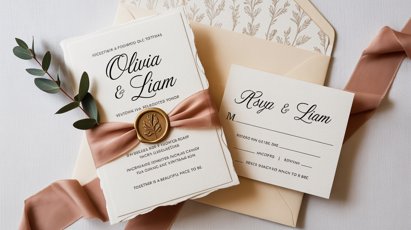 An elegant flat lay mockup of a wedding stationery set, featuring an invitation and RSVP card with the names 'Olivia & Liam', styled with a pink ribbon and eucalyptus on a white background.