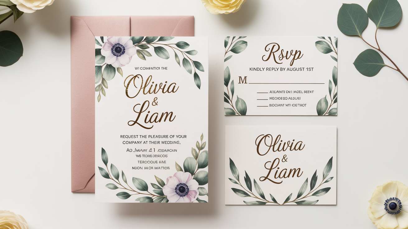 An elegant flat lay mockup of a wedding invitation suite with watercolor eucalyptus, gold foil names 'Olivia & Liam', and a dusty rose envelope, all set against a clean white background.