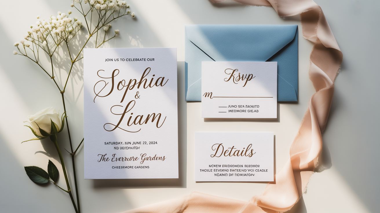 An elegant flat lay of a wedding stationery set, including an invitation for 'Sophia & Liam', on a white background, styled with a white rose and a dusty blue silk ribbon.
