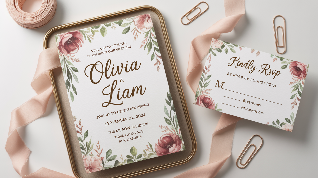 An elegant wedding stationery mockup showing an invitation for 'Olivia & Liam', an RSVP card, and an envelope, all with a floral design on a clean white background.