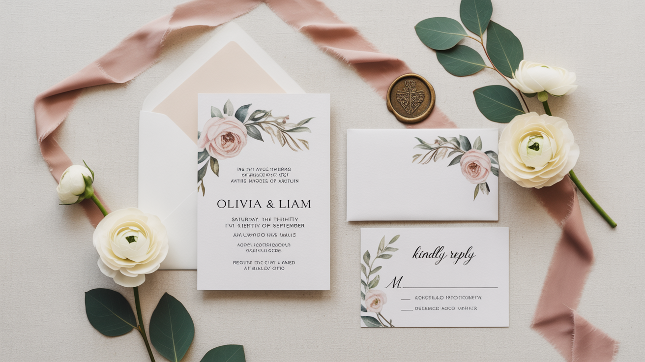 An elegant, professionally styled photograph of a wedding stationery suite, including an invitation for 'Olivia & Liam', an RSVP card, and an envelope, arranged on a white background with a pink ribbon and white flowers.