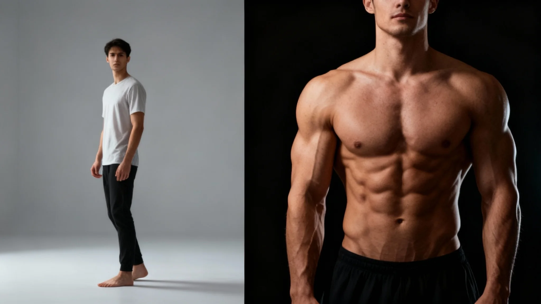 A before-and-after comparison image showing a man's body transformed by a muscle generator tool. The left side shows a slim build, and the right side shows the same man with a very muscular and athletic physique.