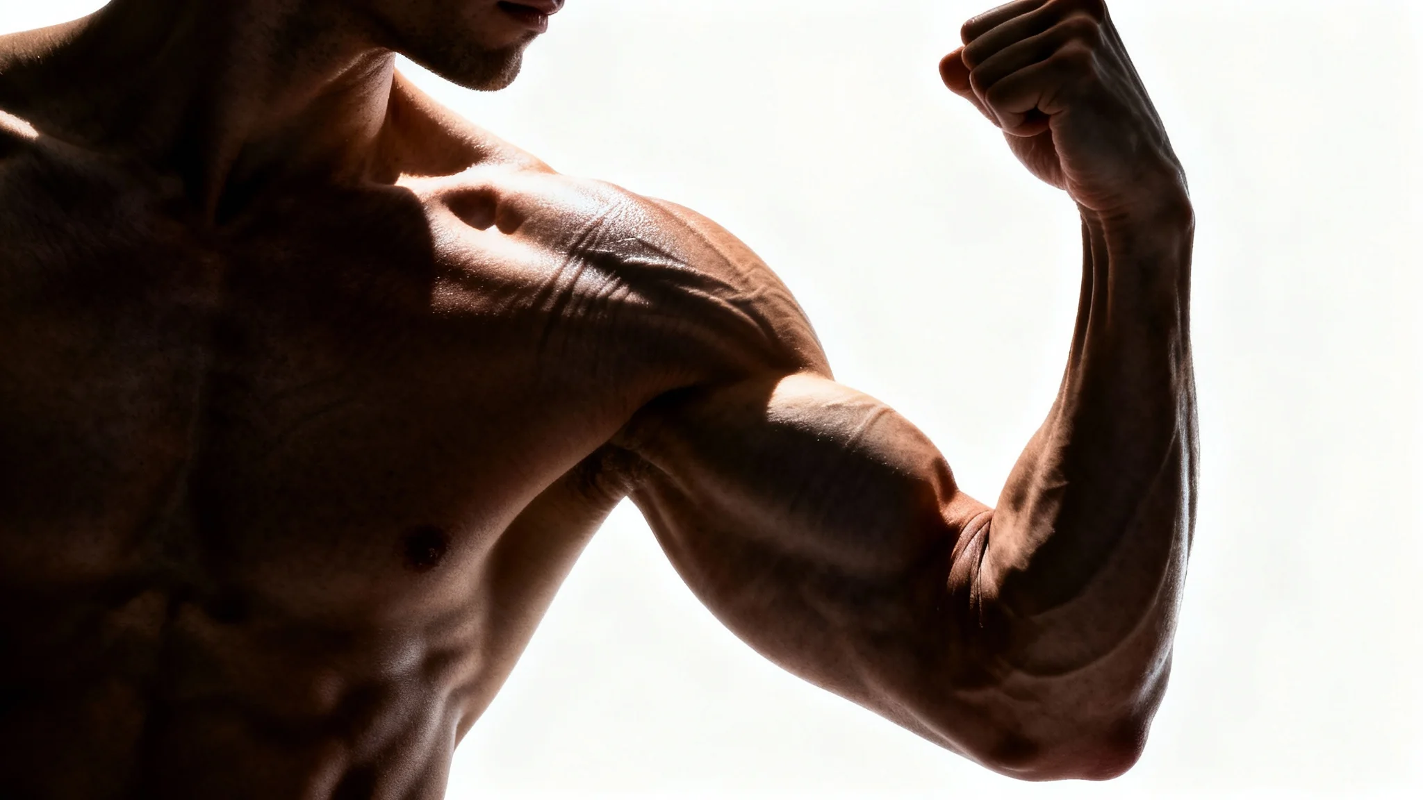 A photorealistic close-up of a man's muscular arm and shoulder, with dramatic lighting accentuating the defined bicep and deltoid muscles against a clean white background.