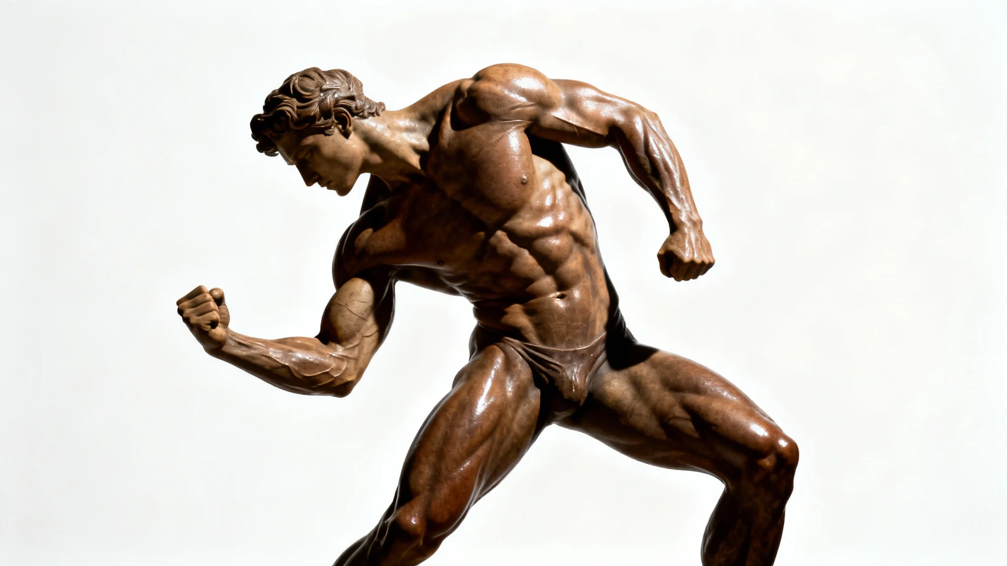 A hyper-realistic mockup of a male bodybuilder with extreme muscle definition, flexing powerfully against a clean white background, showcasing the output of a muscle generator.