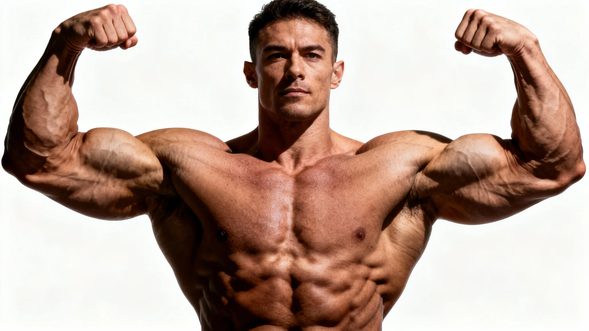 An ultra-realistic photograph of a male bodybuilder with an incredibly muscular physique, striking a powerful pose against a clean white background to showcase his defined muscles.