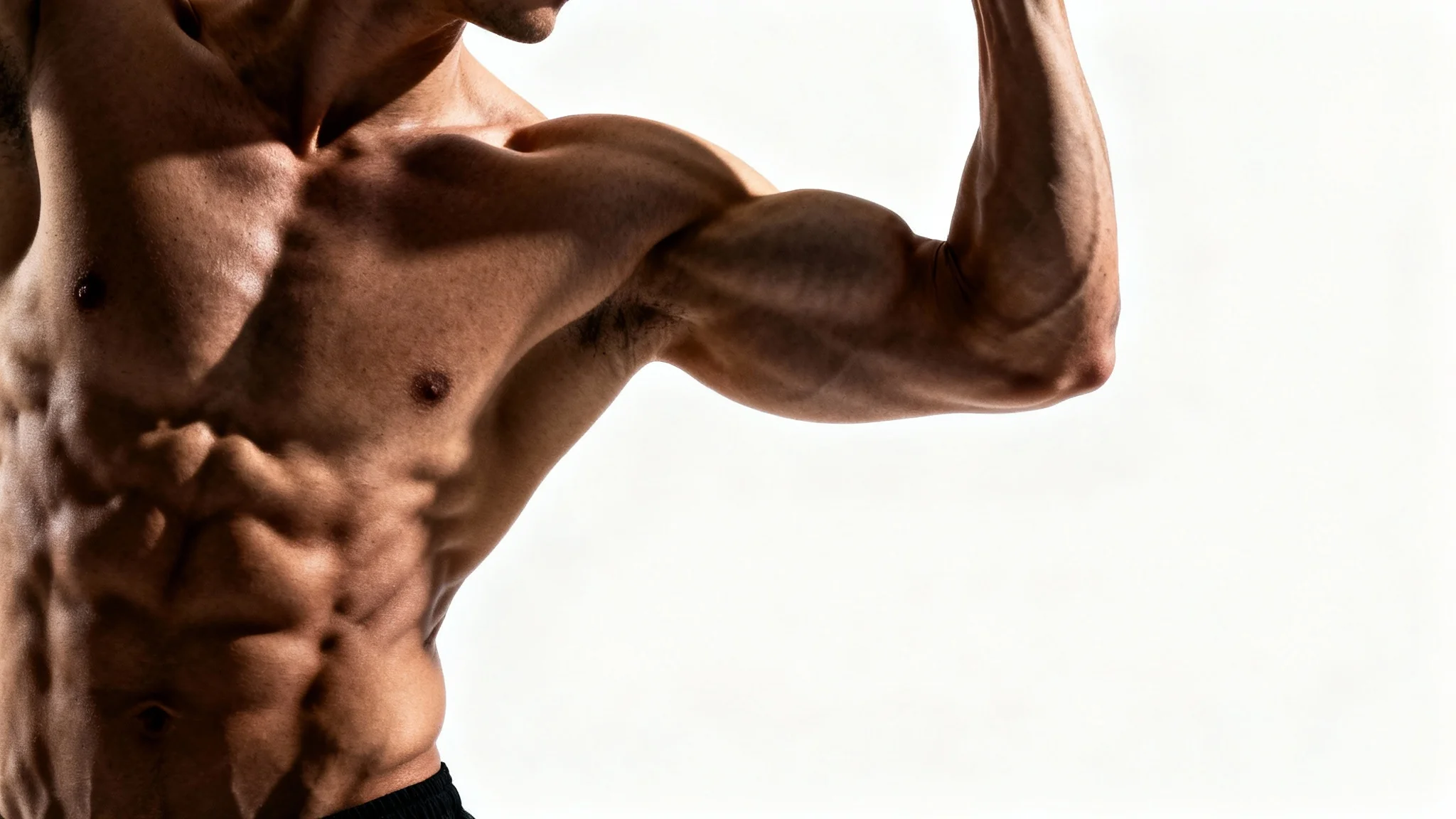 A photorealistic image showcasing the highly defined torso and muscular arms of an athlete flexing against a clean white background.