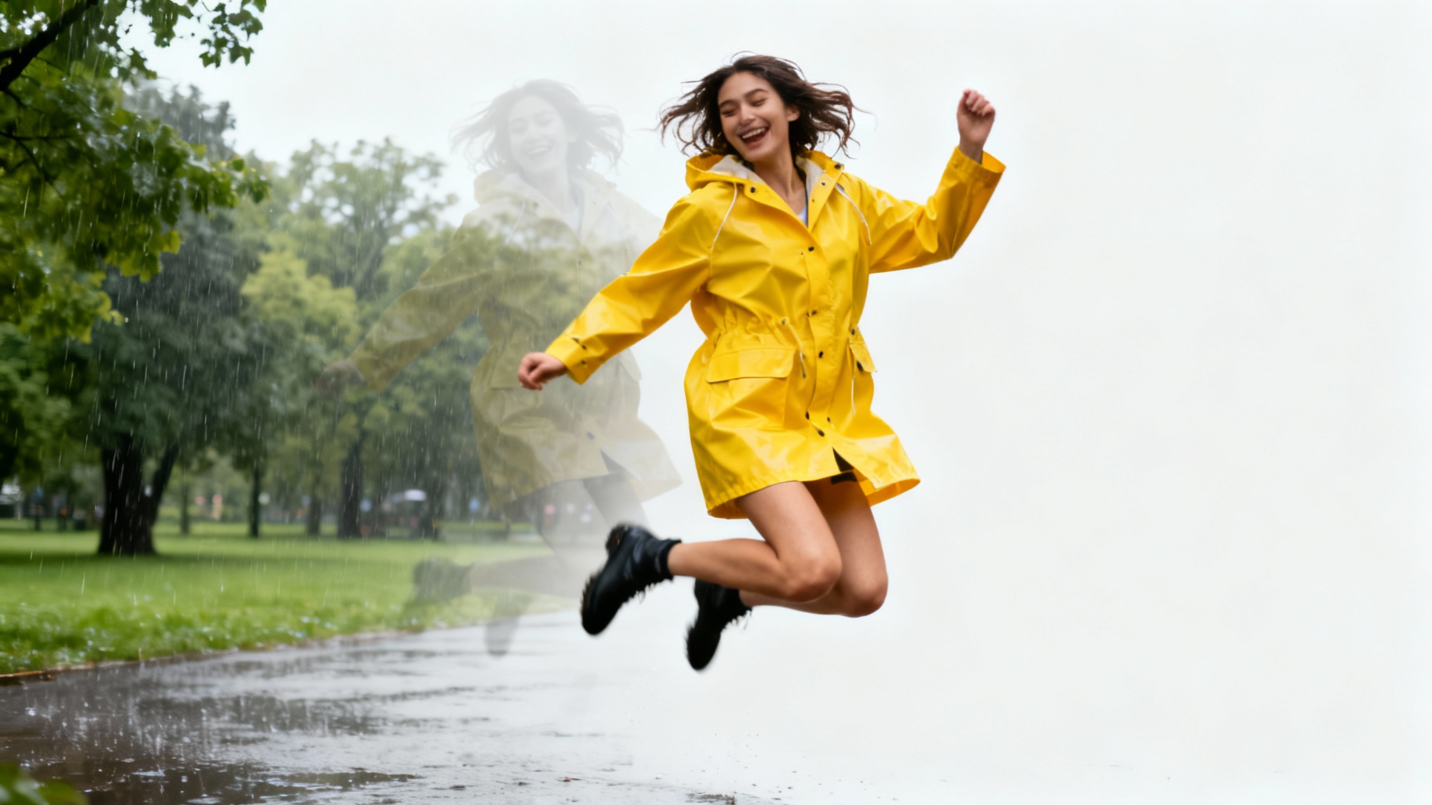 A woman in a bright yellow raincoat is shown perfectly isolated from a faded, rainy park background, demonstrating the concept of isolating a person from an image.