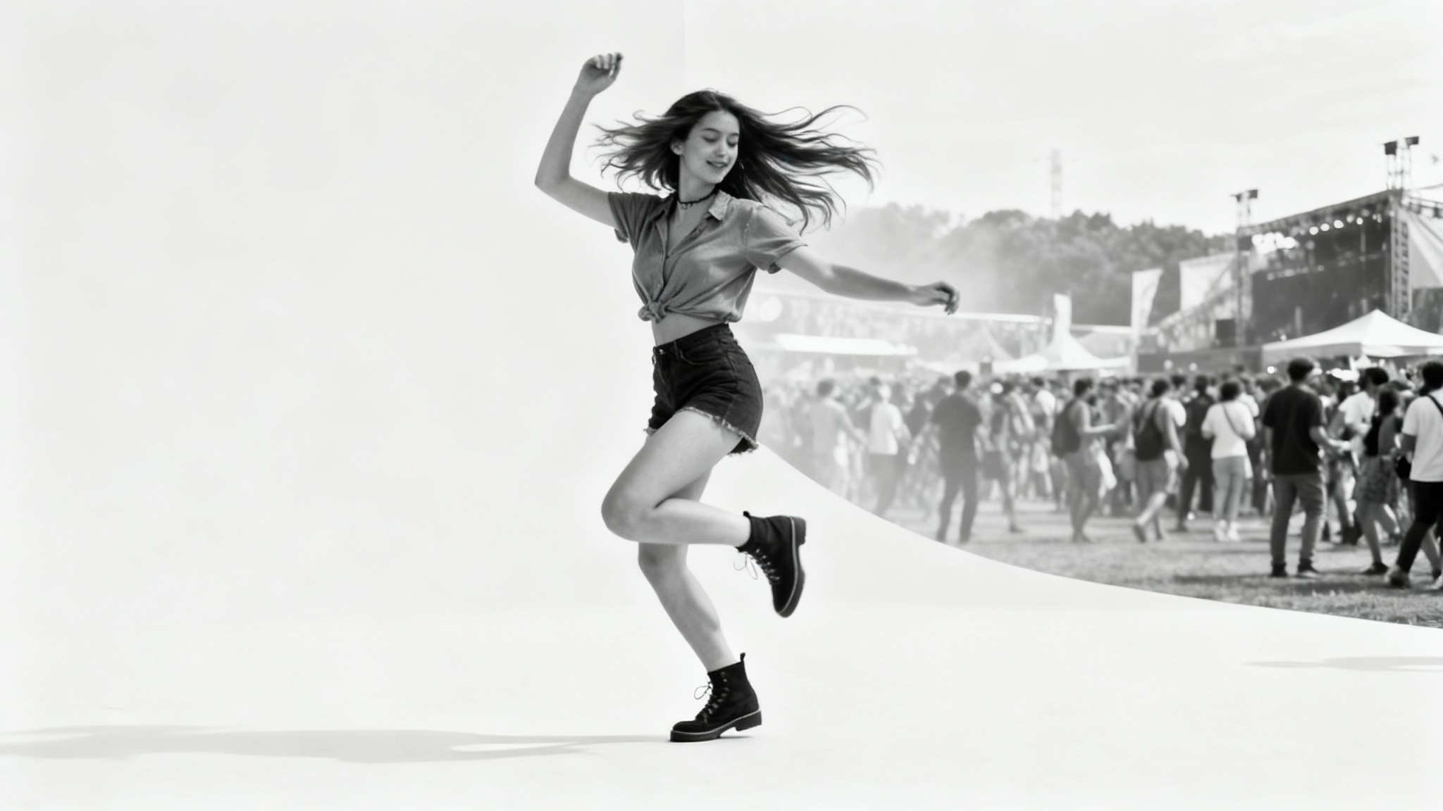 A photorealistic image demonstrating person isolation, with a woman in full, vibrant color dancing against a blurred, black and white background of a festival, all set against a plain white backdrop.