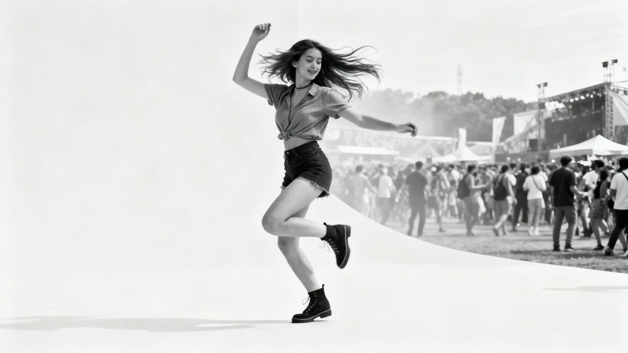 A photorealistic image demonstrating person isolation, with a woman in full, vibrant color dancing against a blurred, black and white background of a festival, all set against a plain white backdrop.