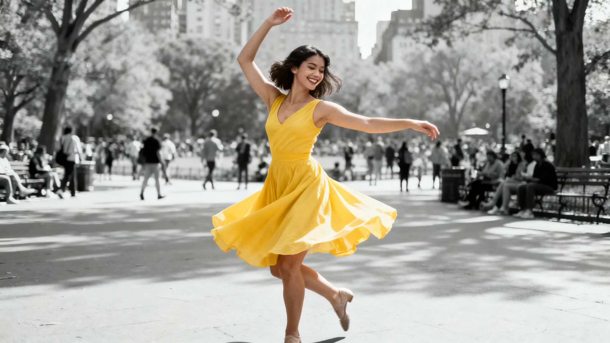An image demonstrating the 'isolate person' feature, showing a woman in a vibrant yellow dress in full color, while her park background is in black and white.