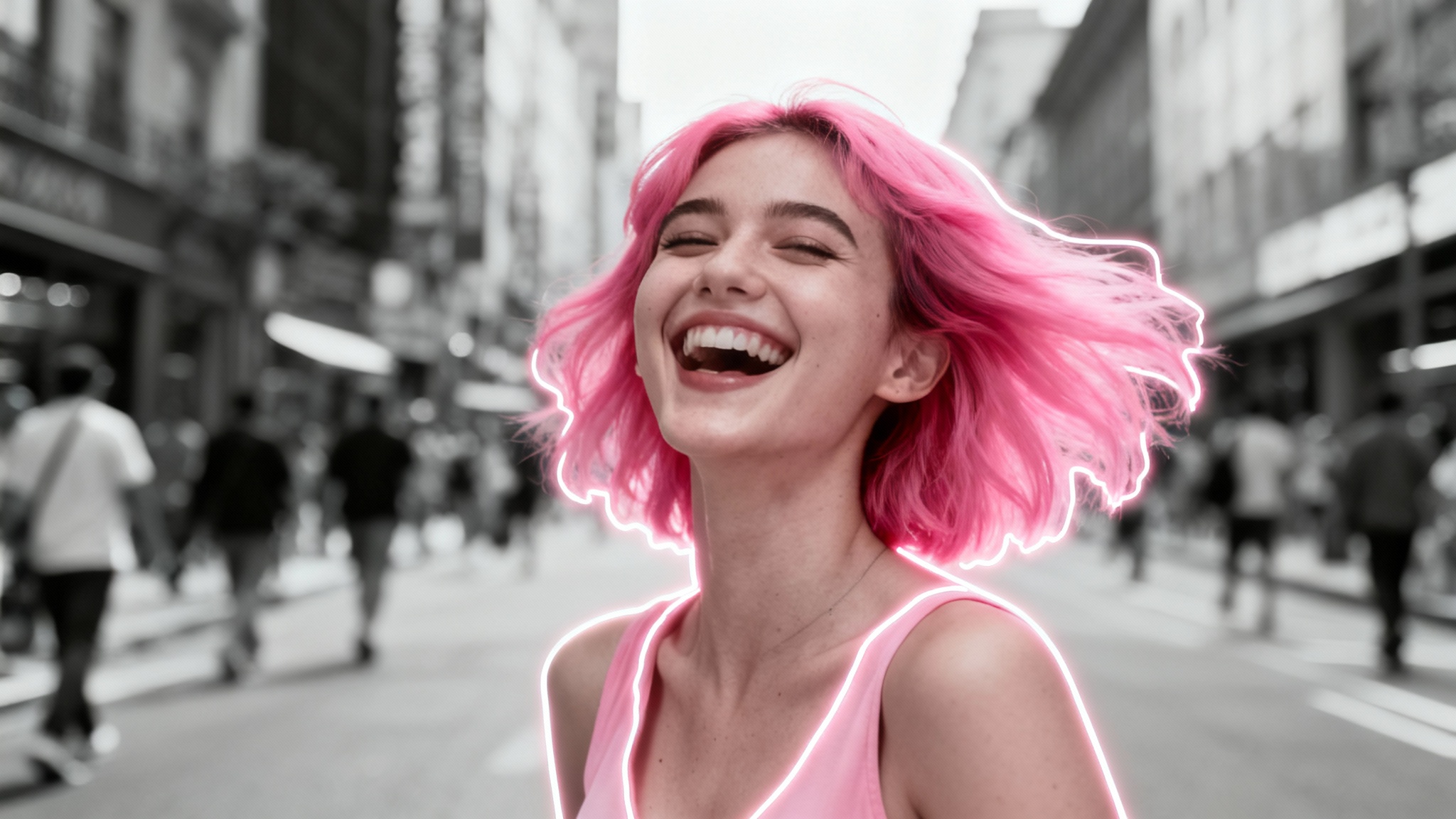A photorealistic mockup illustrating person isolation, showing a woman in full, vibrant color clearly separated from a blurred, black-and-white city background.