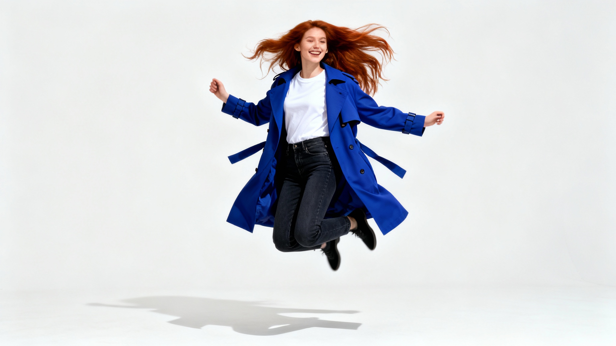 A photorealistic image of a stylish woman in a blue trench coat, captured mid-jump and perfectly isolated against a clean white background.