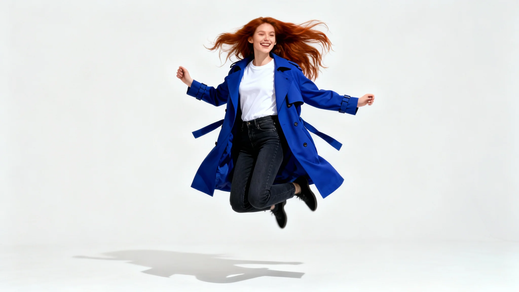 A photorealistic image of a stylish woman in a blue trench coat, captured mid-jump and perfectly isolated against a clean white background.