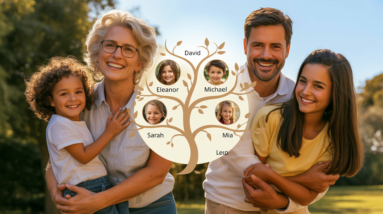 A digital graphic of a family tree on a light background. A stylized tree has branches holding circular portraits of a diverse, smiling family. Each photo has a name printed clearly beneath it, showing the connections between generations.